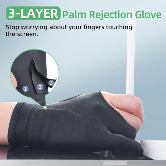 Artist Drawing Glove 3-Layer Palm Rejection [2 Pack Black] Right Left Hand Digital Art Graphic Tablet iPad Gloves Two Finger Smooth Elasticity Breathable for Stylus Pen Pencil Sketching Painting