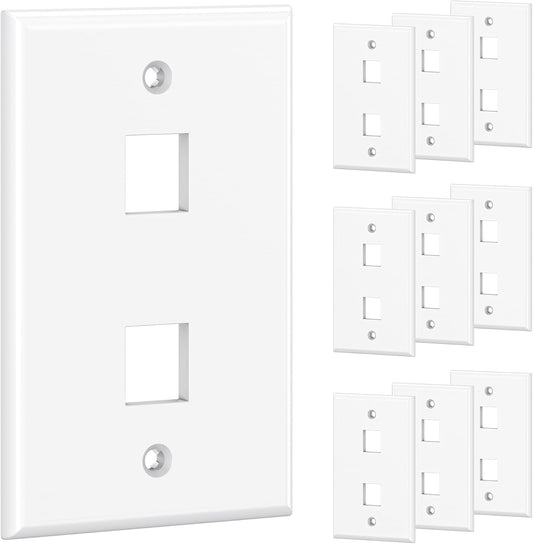[UL Listed]  10-Pack Low Profile 2-Port Keystone Jack Wall Plate, RJ45 Wall Plate for Keystone Jacks in White