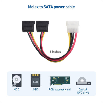 3-Pack 4 Pin Molex to Dual SATA Power Y-Cable Adapter- 6 Inches
