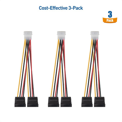 3-Pack 4 Pin Molex to Dual SATA Power Y-Cable Adapter- 6 Inches