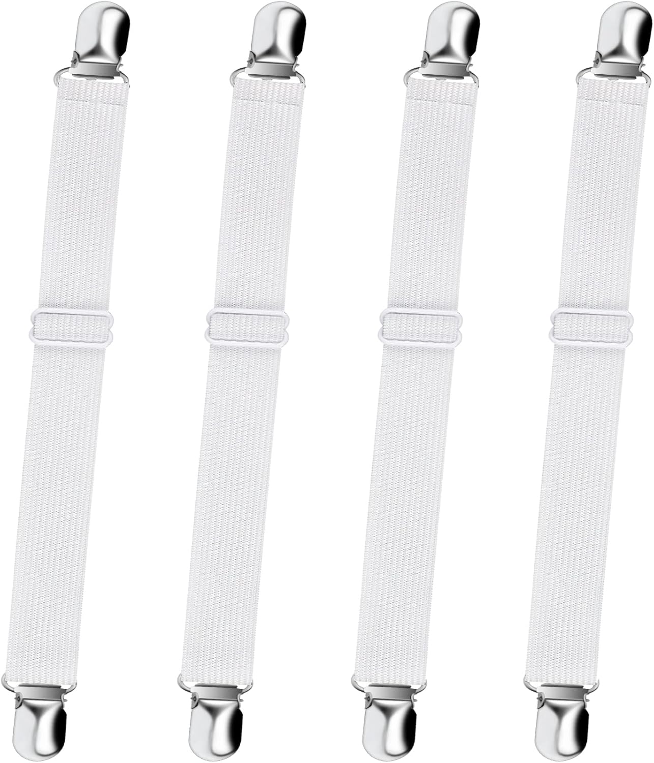 Bed Sheet Straps,  Adjustable Elastic Fitted Sheet Corner Holders Straps to Stay in Place, Non-Slip Fasteners Clips Compatible for Crib to King Size Bed, White 4Pcs