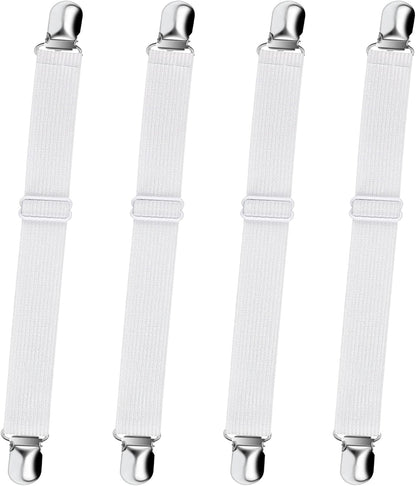 Bed Sheet Straps,  Adjustable Elastic Fitted Sheet Corner Holders Straps to Stay in Place, Non-Slip Fasteners Clips Compatible for Crib to King Size Bed, White 4Pcs