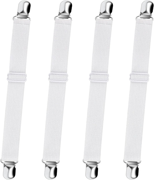 Bed Sheet Straps,  Adjustable Elastic Fitted Sheet Corner Holders Straps to Stay in Place, Non-Slip Fasteners Clips Compatible for Crib to King Size Bed, White 4Pcs