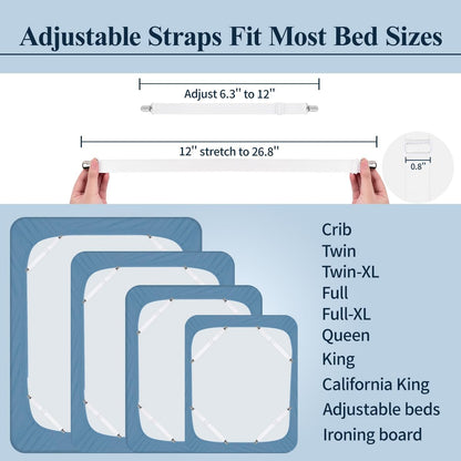 Bed Sheet Straps,  Adjustable Elastic Fitted Sheet Corner Holders Straps to Stay in Place, Non-Slip Fasteners Clips Compatible for Crib to King Size Bed, White 4Pcs