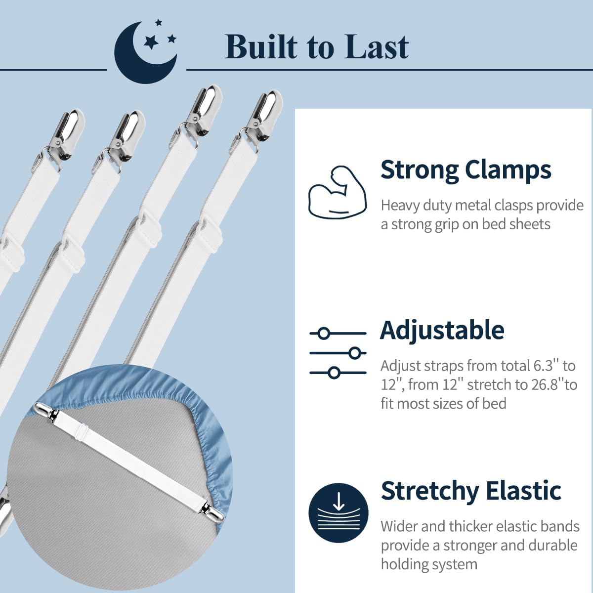 Bed Sheet Straps,  Adjustable Elastic Fitted Sheet Corner Holders Straps to Stay in Place, Non-Slip Fasteners Clips Compatible for Crib to King Size Bed, White 4Pcs