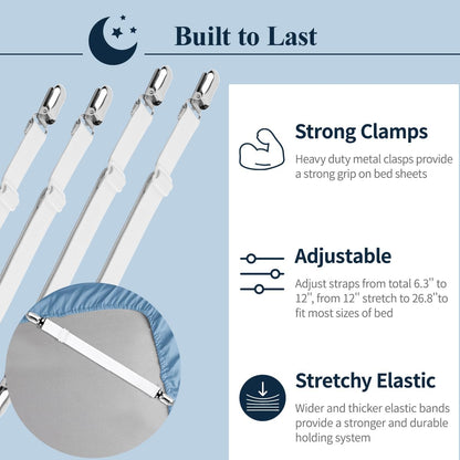 Bed Sheet Straps,  Adjustable Elastic Fitted Sheet Corner Holders Straps to Stay in Place, Non-Slip Fasteners Clips Compatible for Crib to King Size Bed, White 4Pcs