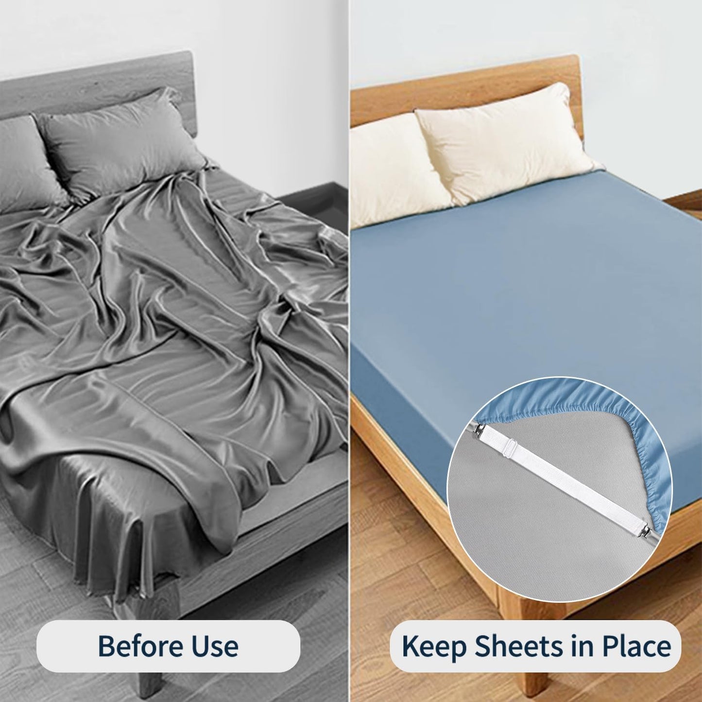 Bed Sheet Straps,  Adjustable Elastic Fitted Sheet Corner Holders Straps to Stay in Place, Non-Slip Fasteners Clips Compatible for Crib to King Size Bed, White 4Pcs
