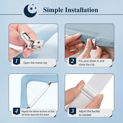 Bed Sheet Straps,  Adjustable Elastic Fitted Sheet Corner Holders Straps to Stay in Place, Non-Slip Fasteners Clips Compatible for Crib to King Size Bed, White 4Pcs