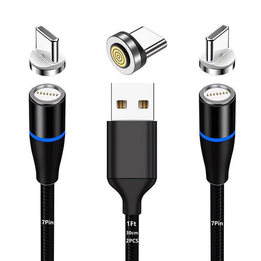 Magnetic Charging Cable 7Pin Sereis 2Pack 1Ft USB-C Short Cable Sets–Fast Charging Compatible for USB Type-C Devices(2PCS/1FT/360°7Pin/Black)