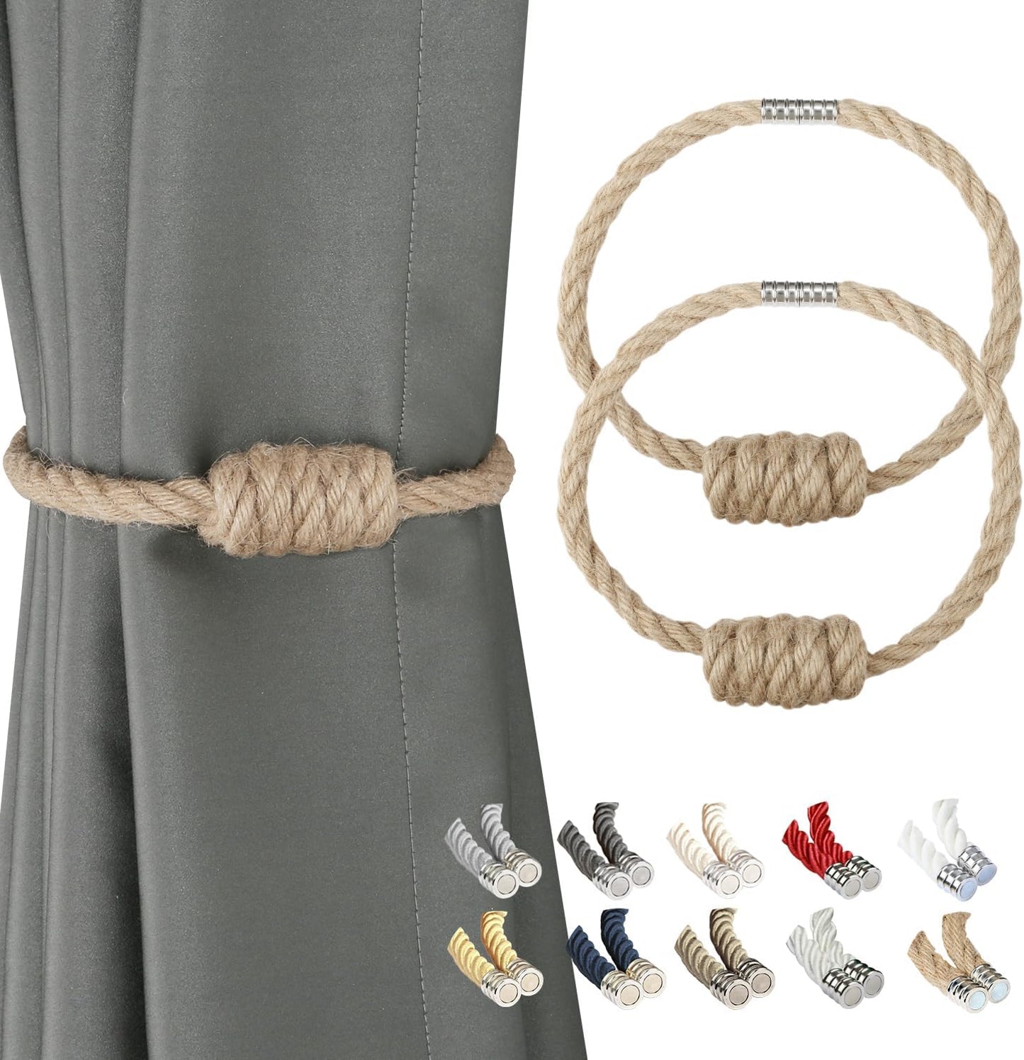 Magnetic Jute Curtain Tiebacks, Decorative Drapery Holdbacks Bohemian Style Woven Tie-Backs with Exquisite Knot (Jute, 2 Pack)