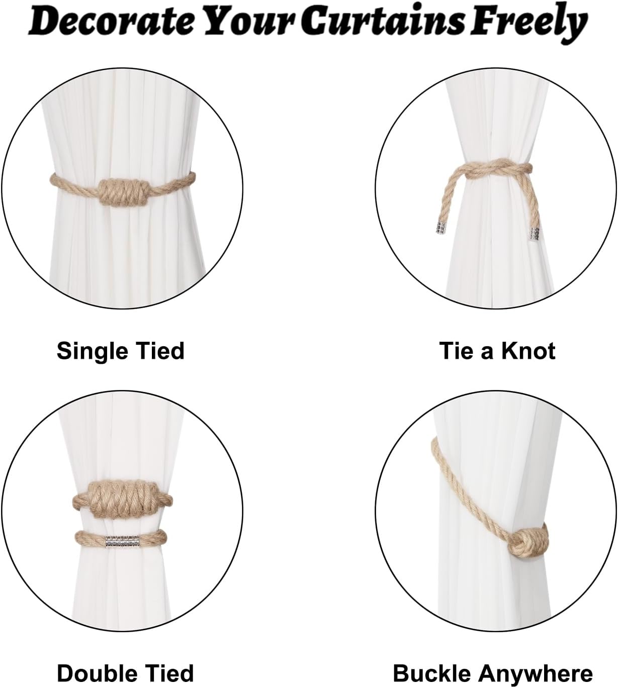 Magnetic Jute Curtain Tiebacks, Decorative Drapery Holdbacks Bohemian Style Woven Tie-Backs with Exquisite Knot (Jute, 2 Pack)