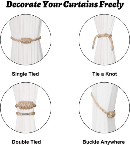 Magnetic Jute Curtain Tiebacks, Decorative Drapery Holdbacks Bohemian Style Woven Tie-Backs with Exquisite Knot (Jute, 2 Pack)
