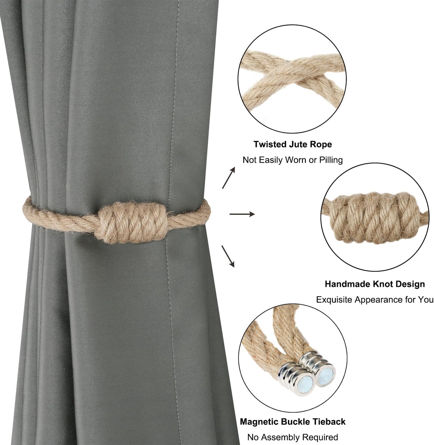 Magnetic Jute Curtain Tiebacks, Decorative Drapery Holdbacks Bohemian Style Woven Tie-Backs with Exquisite Knot (Jute, 2 Pack)