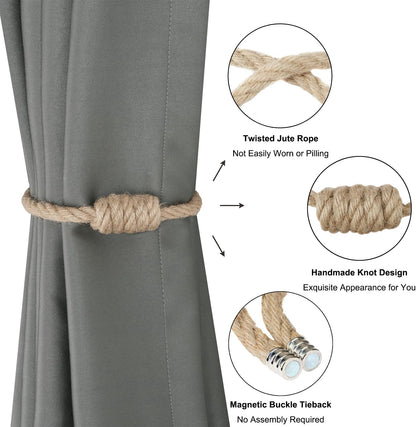 Magnetic Jute Curtain Tiebacks, Decorative Drapery Holdbacks Bohemian Style Woven Tie-Backs with Exquisite Knot (Jute, 2 Pack)