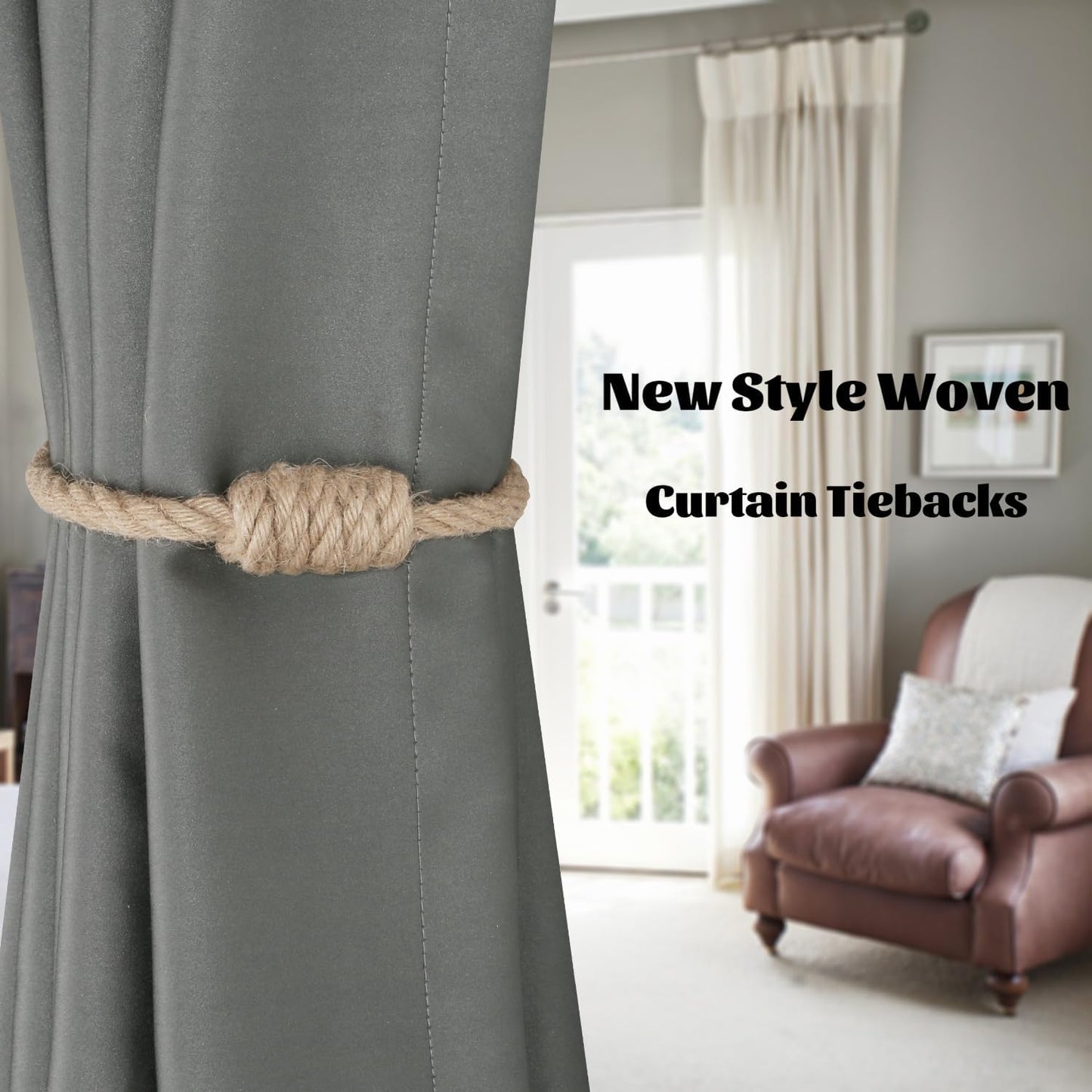 Magnetic Jute Curtain Tiebacks, Decorative Drapery Holdbacks Bohemian Style Woven Tie-Backs with Exquisite Knot (Jute, 2 Pack)