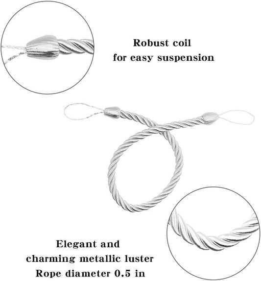 Curtain Ropes Tiebacks Tie-Backs, Curtain Handmade Holdbacks with 2 Metal Screw Hooks - White 2 Pack