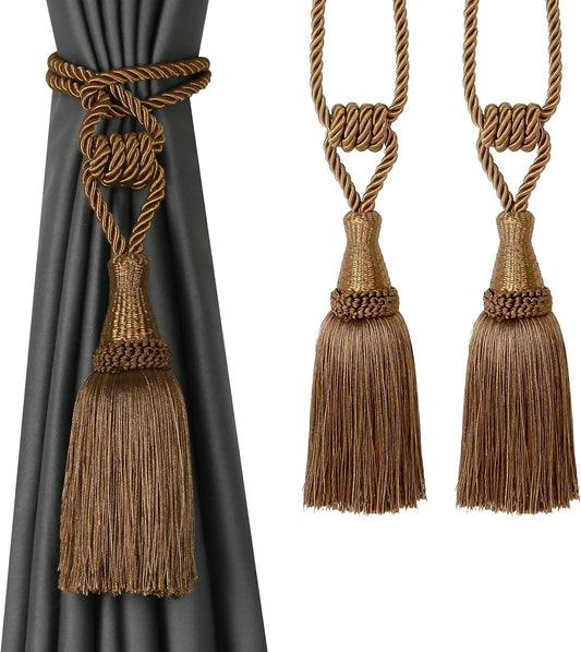 Curtain Tiebacks Handmade Holdbacks for Curtains Drape Decorative Tie Backs with Tassels(Coffee, 2 Pack)