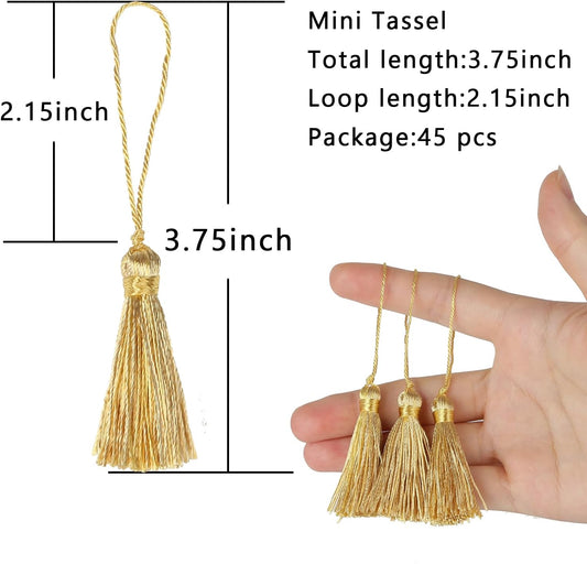 45 pcs Mini Bookmark Tassels 3.75inch/9.5cm Silky Handmade Key Tassel with 2.15inch Cord Loop, DIY Craft Accessory,Tags (lNew Gold)…