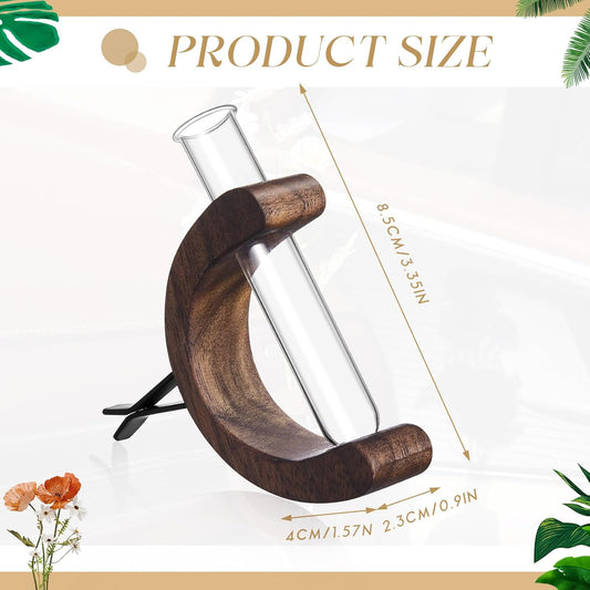 2 Pcs Mini Glass Car Flower Vase Clip Holder Car Propagation Vase Vent Clip Plant Holder Auto Glass Tube for Plants Decor Wooden Ornament Decorations Accessories (Walnut Color)
