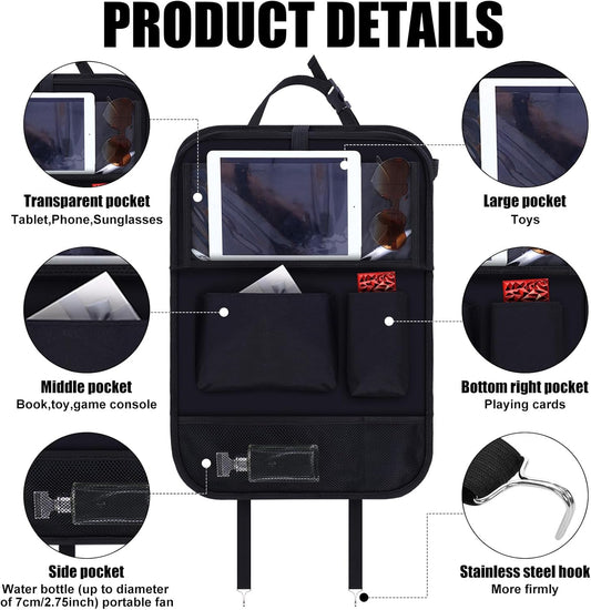 2 Pcs Backseat Car Organizers with Table Tray, 6 Storage Pockets Car Organizer with Tablet Holder, Kick Mats Protectors for Kids Travel Accessories Black, Unisex(Classic,Black)