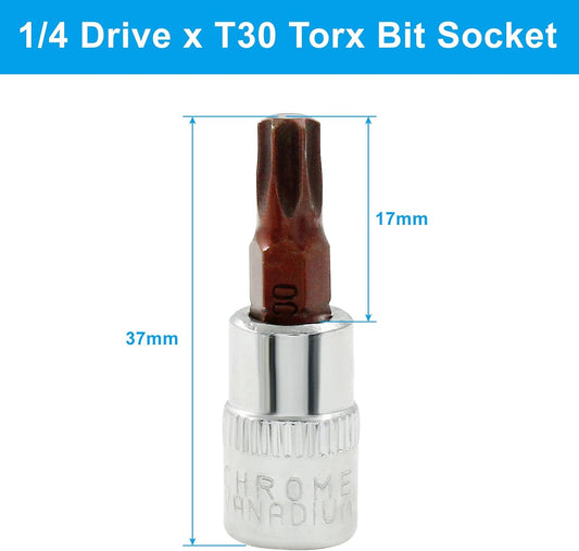 5 Pcs T30 Torx Bit Socket 1/4" Drive S2 Alloy Steel Cr-V Steel Star Socket Torx Bits Set Use with Slide Bar, Ratchet Wrench, Extension Rod, 37mm Length