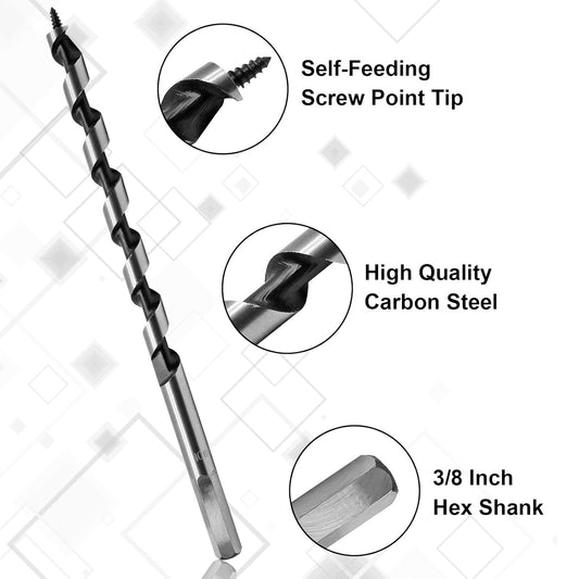 3/8" x 8" Wood Auger Drill Bit with 3/8 Inch Hex Shank Ship Auger Bit, Perfect for Soft & Hard Wood, Plastic, Drywall, PVC