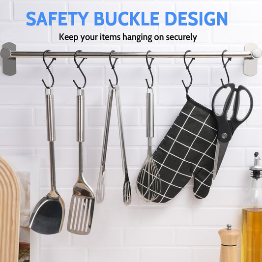 S Hooks, 8pcs 3.5 Inches Metal Safety Buckle S Shaped Hooks for Kitchen, Bathroom, Closet(Black)