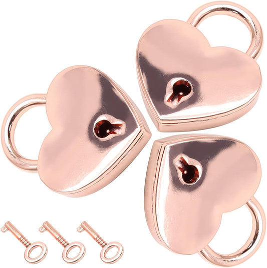 3pcs Mini Heart Shaped Padlock, Metal Lock with Key for Diary Book Jewelry Storage Box Handbag (Rose Gold)