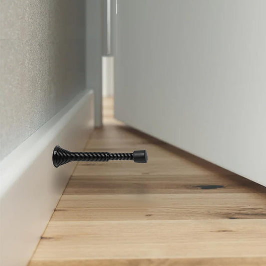6 Pack Spring Door Stoppers with Rubber Bumper, 3 to 4 Inch Adjustable Spring Steel Door Stoppers, Flexible Wall Door Stops（Black）