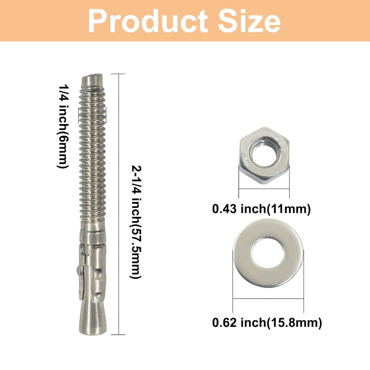 10 Pack 1/4" x 2-1/4" Concrete Anchor, Anti-Rust Anchor Stainless Steel Bolt, Heavy Duty Fastener for Cement and Concrete