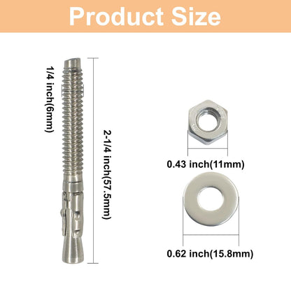10 Pack 1/4" x 2-1/4" Concrete Anchor, Anti-Rust Anchor Stainless Steel Bolt, Heavy Duty Fastener for Cement and Concrete