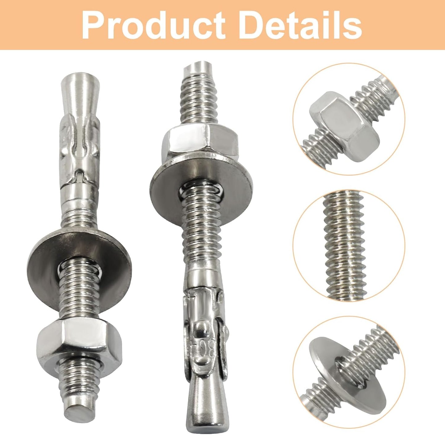 10 Pack 1/4" x 2-1/4" Concrete Anchor, Anti-Rust Anchor Stainless Steel Bolt, Heavy Duty Fastener for Cement and Concrete
