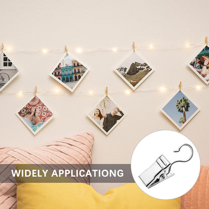 Small Hanging Clip for Curtains - 100 Pack Camper Awning Lights Clips with Light Hanger Hooks, Best for Camp Tent Photo Display Indoor Outdoor Decoration（Silver）