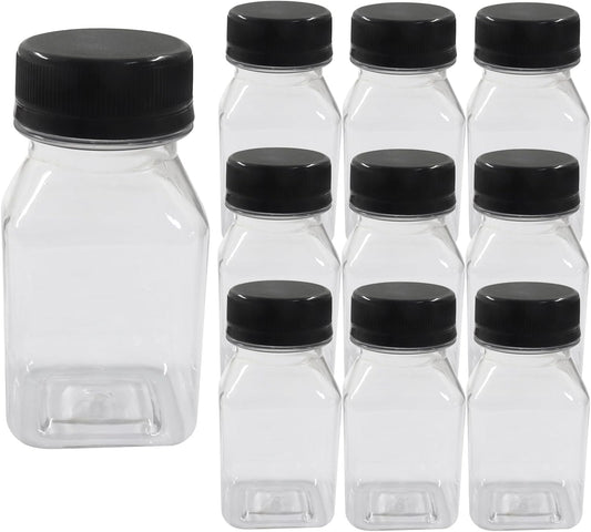 10 Pack 4oz Plastic Juice Bottles, Reusable Beverage Containers Clear with Black Lids, Versatile Drink Containers for Juice, Smoothies, Milk and Homemade Beverages, 120 mL