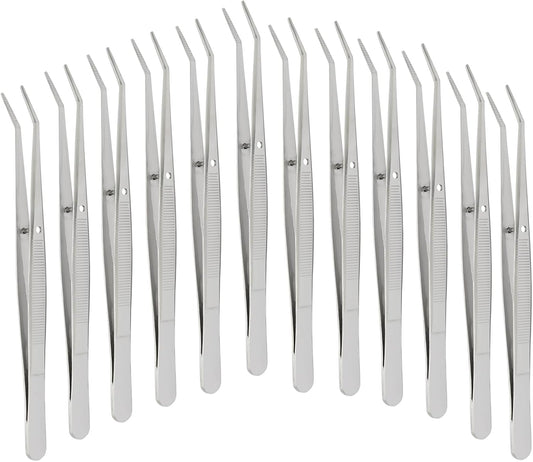 12 Pcs Stainless Steel Tweezers, 6" Sewing Tweezers with Curved Serrated Tip for Crafting, Multipurpose Curved Tip Forceps for Jewelry Making, Eyelash Extension, Precision Grip (Silver)