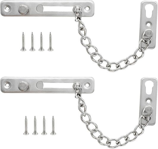 Heavy Duty Door Chain Lock with Mounting Screws, Stainless Steel Door Chain Guard for Front Doors, Pet Safe (Silver, 2 Pack)
