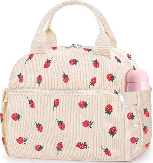 Lunch Box for Women, Cute Strawberry Corduroy Insulated Lunch Bag Women Reusable Work Leakproof Simple Adults Large Lunch Boxes Tote Bag Men Cooler Bag