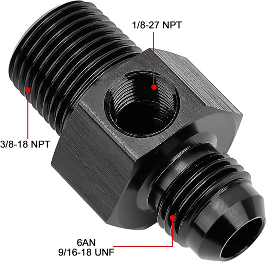 6AN to 3/8 NPT with 1/8" NPT gauge port Fuel Pressure Take off Fitting Adapter Aluminum