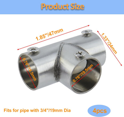 T Pipe Fitting Connector Fit 3/4-inch OD Pipe 3-Way Stainless Steel Rail Pipe Fittings for DIY Shelf Garden Support, Handrail-4pcs