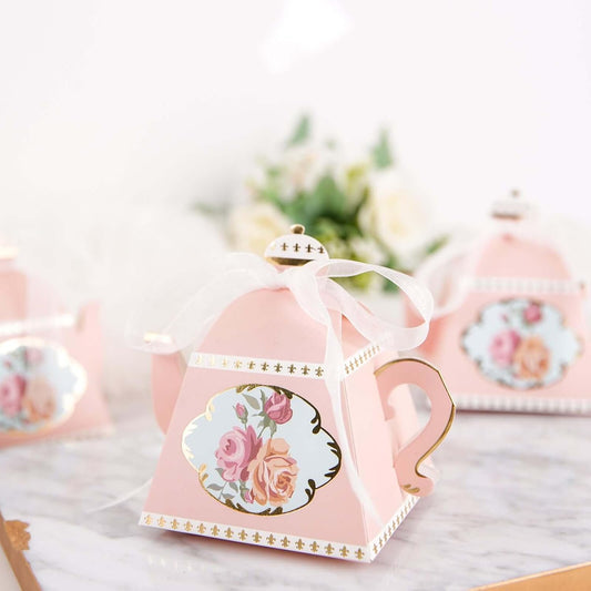 Efavormart 25 Pack 4" Mini Teapot Favor Boxes with Ribbon, Dusty Rose Cardstock Tea Time Gift Containers for Weddings, Birthdays, Bridal Showers, and Event Decoration