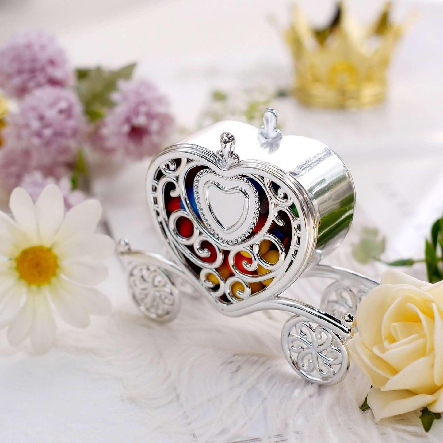 Efavormart 12 Pack 4" Silver Heart Carriage Favor Boxes - Cinderella Fairytale Wire Frame Candy Holders for Wedding, Bridal and Baby Shower Decorations