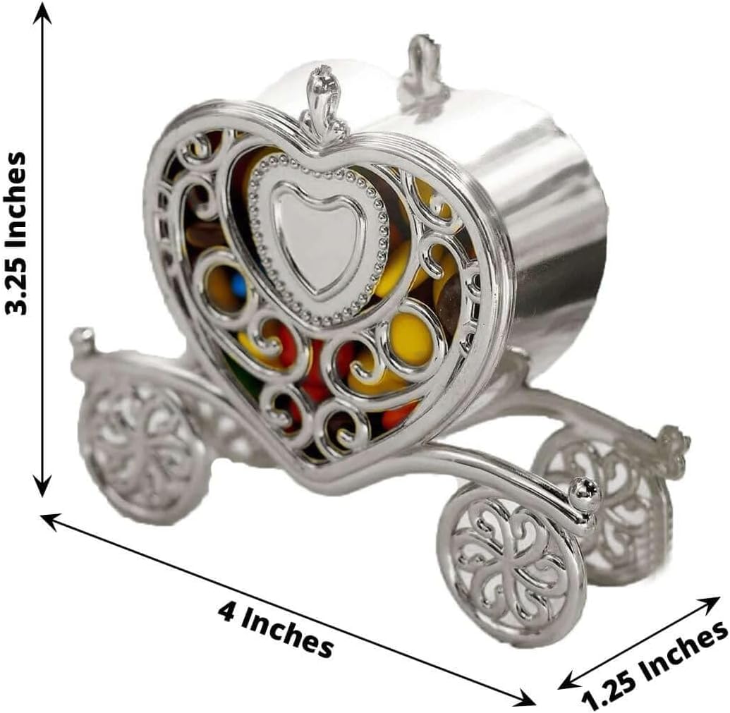 Efavormart 12 Pack 4" Silver Heart Carriage Favor Boxes - Cinderella Fairytale Wire Frame Candy Holders for Wedding, Bridal and Baby Shower Decorations