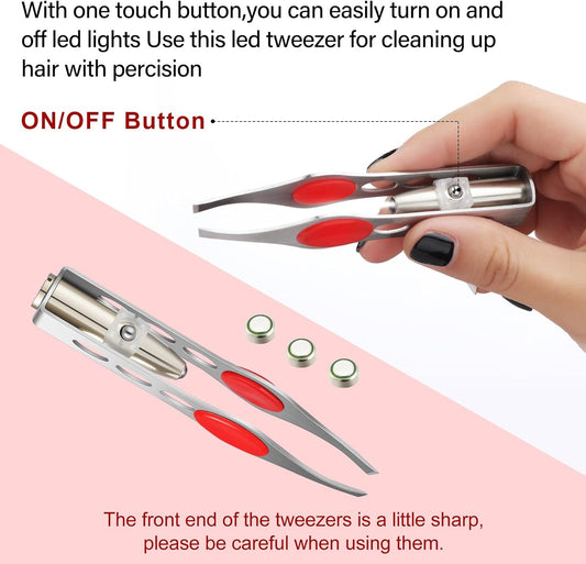 6 Pcs Light Stainless Steel Tweezers with LED, Makeup Eyelash Eyebrow Hair Removal Illuminating Lighted Tweezers for Precision Men Women(Red, Purple, Dark Blue)