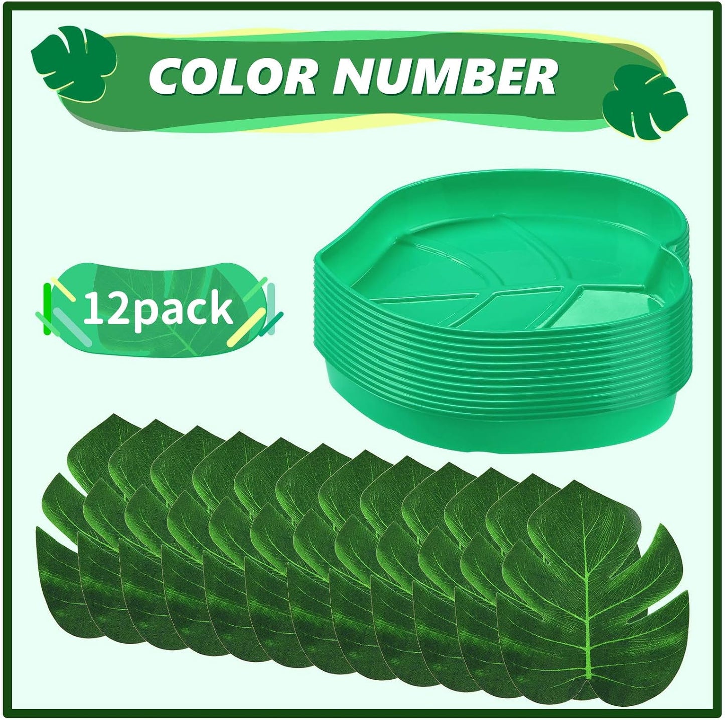 12 Set Palm Leaf Snack Tray Hawaii Reusable Food Tray with Tropical Imitation Green Plant Leaves, Cookies Chips, Candy Dip, for Jungle Island Luau Party Decorations Birthdays, 8.3 x 7 Inch