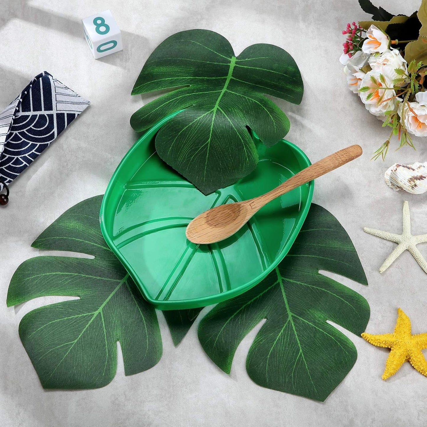 12 Set Palm Leaf Snack Tray Hawaii Reusable Food Tray with Tropical Imitation Green Plant Leaves, Cookies Chips, Candy Dip, for Jungle Island Luau Party Decorations Birthdays, 8.3 x 7 Inch