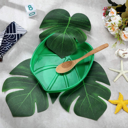 12 Set Palm Leaf Snack Tray Hawaii Reusable Food Tray with Tropical Imitation Green Plant Leaves, Cookies Chips, Candy Dip, for Jungle Island Luau Party Decorations Birthdays, 8.3 x 7 Inch