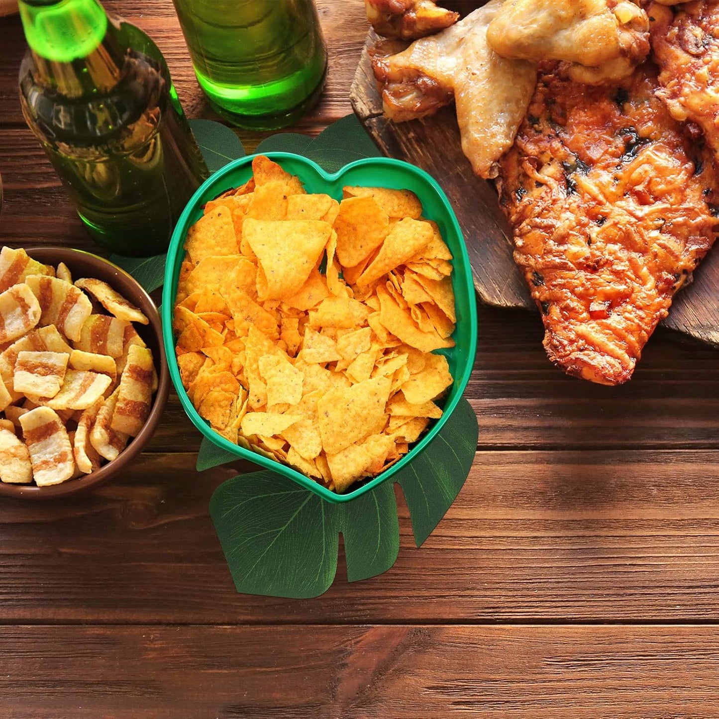 12 Set Palm Leaf Snack Tray Hawaii Reusable Food Tray with Tropical Imitation Green Plant Leaves, Cookies Chips, Candy Dip, for Jungle Island Luau Party Decorations Birthdays, 8.3 x 7 Inch