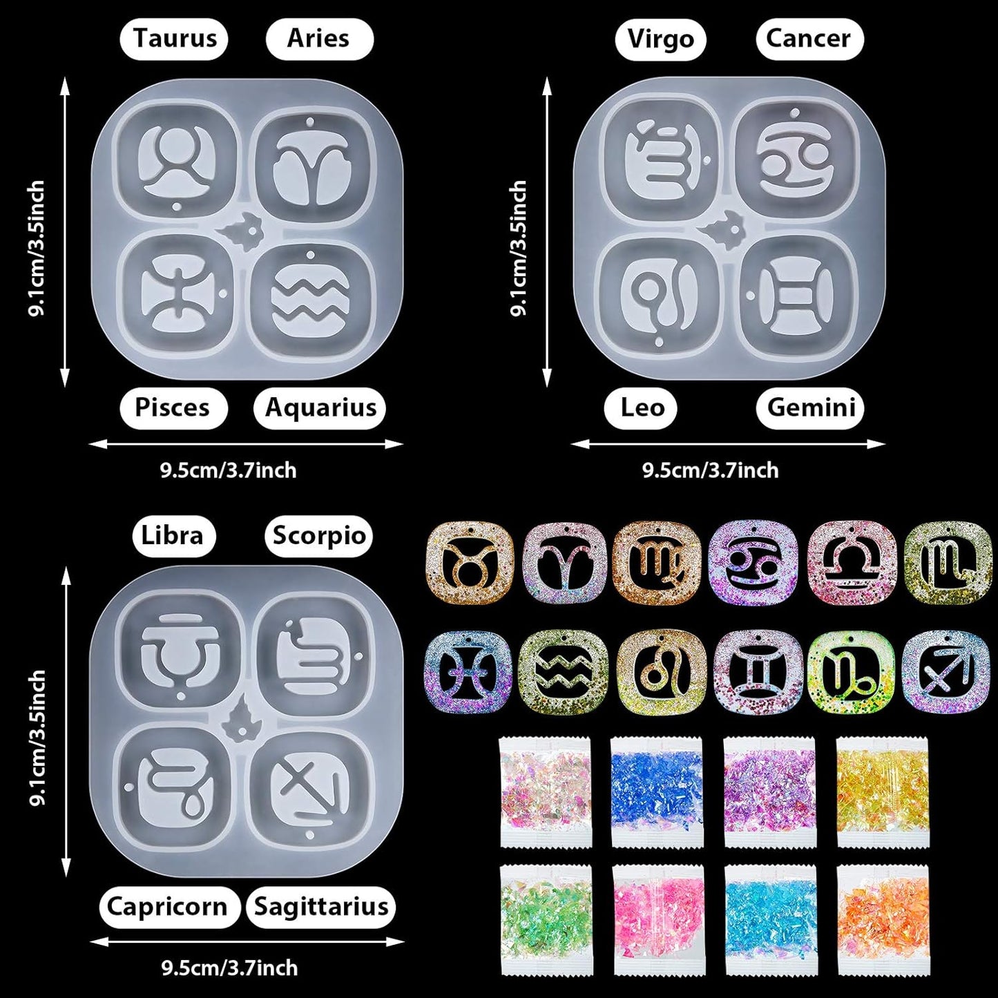 3 Pieces Zodiac Signs Keychain Resin Molds Silicone with Hole Constellation Sign Pendant Silicone Epoxy UV Resin Mold for DIY Keychain Pendant Jewelry Making, 8 Colors Holographic Glitter Sequins