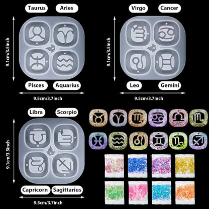 3 Pieces Zodiac Signs Keychain Resin Molds Silicone with Hole Constellation Sign Pendant Silicone Epoxy UV Resin Mold for DIY Keychain Pendant Jewelry Making, 8 Colors Holographic Glitter Sequins
