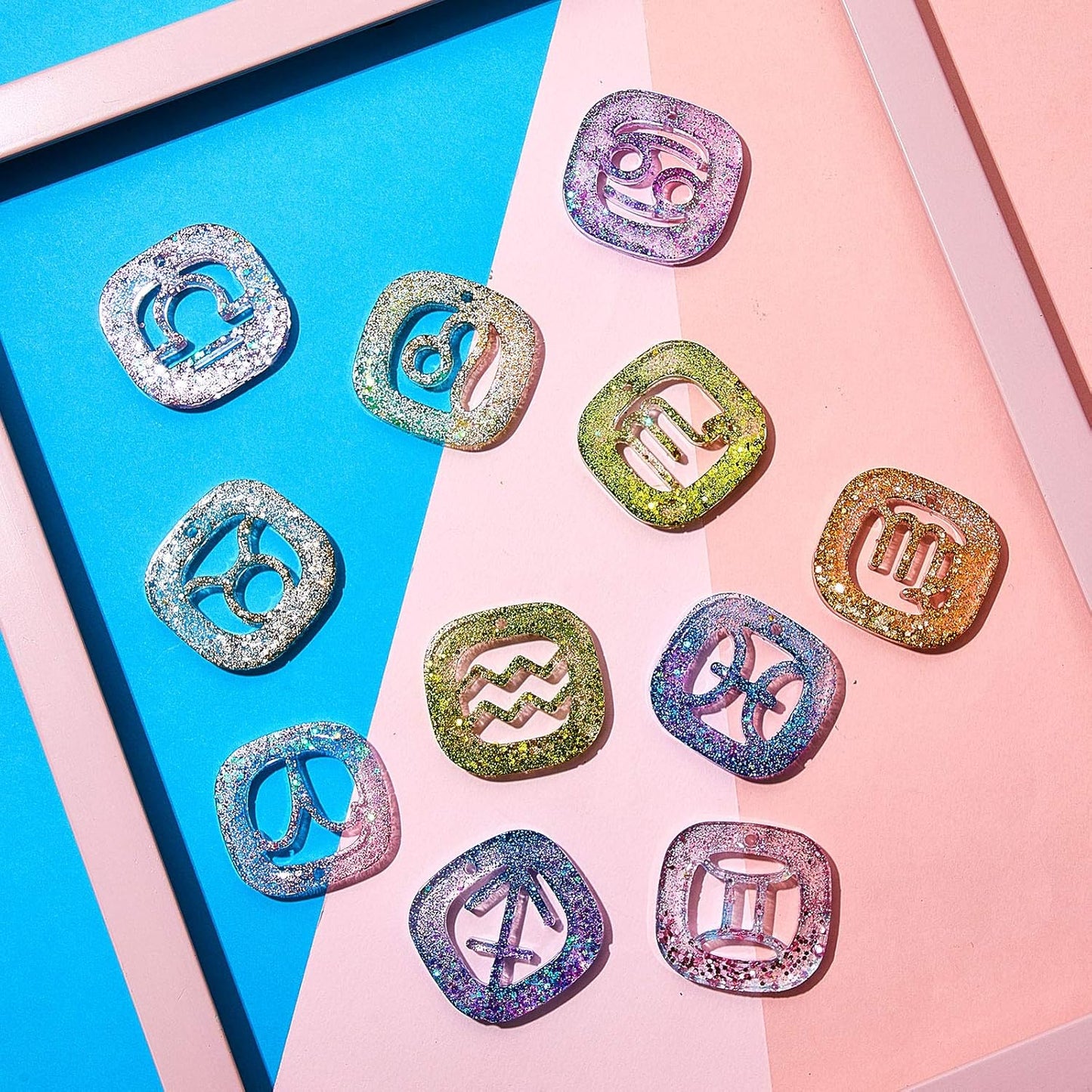 3 Pieces Zodiac Signs Keychain Resin Molds Silicone with Hole Constellation Sign Pendant Silicone Epoxy UV Resin Mold for DIY Keychain Pendant Jewelry Making, 8 Colors Holographic Glitter Sequins